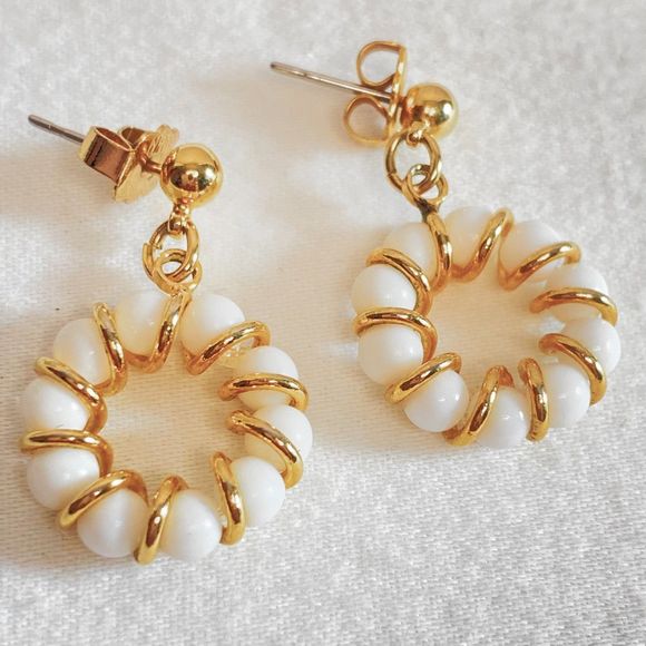 Little Hoop Earrings Gold Tone Wire Wrapped White Beads - Picture 1 of 6